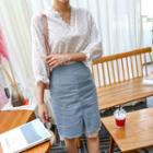 Set: Eyelet-lace Blouse + Pleat-hem H-line Skirt