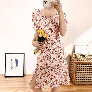 Puff-sleeve Chiffon Print Dress