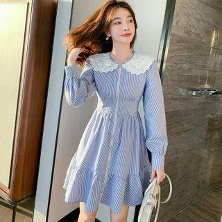 Peter Pan-collar Lace Panel Striped Zip A-line Dress