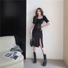 Set: Short-sleeve Square Neck Slit Sheath Dress + Belt