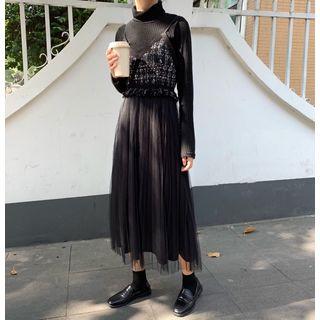 Spaghetti Strap Plaid Panel Midi A-line Mesh Dress