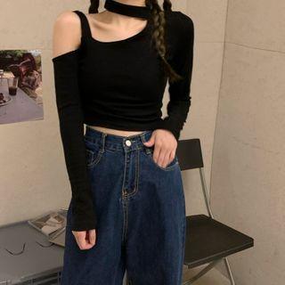 Asymmetric Choker-neck Long-sleeve T-shirt Black - One Size