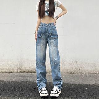 Mid-rise Cargo Straight Leg Jeans