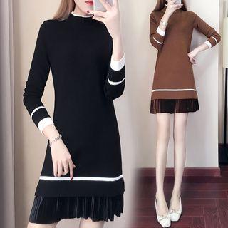 Velvet Accordion Panel Long-sleeve Knit Dress