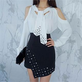 Studded Tie-neck Cutout-shoulder Blouse