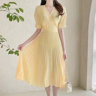 Wrap-front Pleated Long Dress