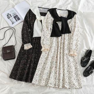 Set: Long-sleeve Floral Print Midi Dress + Shawl
