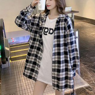 Long-sleeve Plaid Shirt / Short-sleeve Lettering T-shirt