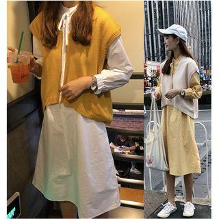 Plain 3/4-sleeve Shirt Dress / Knitted Vest