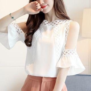 Lace Trim Cut Out Shoulder Elbow Sleeve Chiffon Top