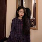 Long-sleeve Heart Button Plaid Dress Dress - One Size