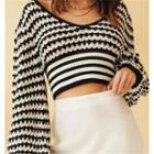 Puff Sleeve Color-block Striped V-neck Crop Sweater Black & White - One Size