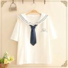 Pocket-front Sailor-collar Short-sleeve Top With Tie