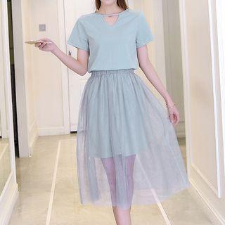 Mock Two Piece Mesh Hem Short Sleeve Dress