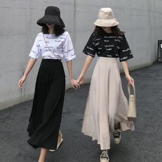 Plain Slit Midi A-line Skirt / Crochet Cardigan