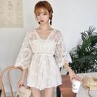 Set: Elbow-sleeve Lace Playsuit + Bandeau White - One Size