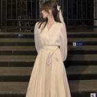 V-neck Blouse / Bow Accent Midi A-line Skirt