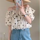 Off-shoulder Dotted Blouse Black Dot - White - One Size