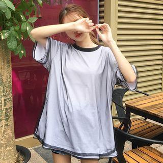 Mesh-covered Elbow-sleeve Mock Two-piece T-shirt