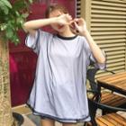 Mesh-covered Elbow-sleeve Mock Two-piece T-shirt