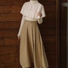 Set: Long-sleeve Knit Top + Cape Cardigan + Midi A-line Skirt