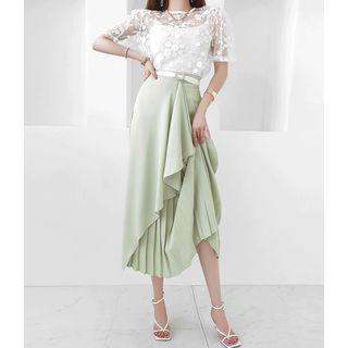 Set: Sheer Lace Top + Pleated Skirt