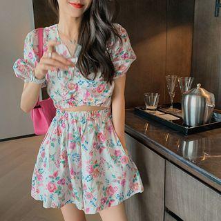 Mock Two-piece Flower Print Short-sleeve Playsuit As Shown In Figure - One Size