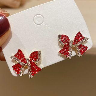 Rhinestone Bow Ear Stud 1 Pair - Red - One Size