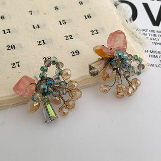 Beaded Flower Stud Earring 1 Pair - Gold & Pink & Green - One Size