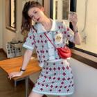 Short-sleeve Contrast Trim Flower Print Button-up Knit Top / Mini A-line Skirt