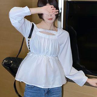 Plain Square-neck Long-sleeve Shirt White - One Size
