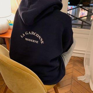 Letter Printed Hoodie Dark Blue - One Size