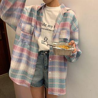 Long-sleeve Plaid Shirt Light Purple - One Size