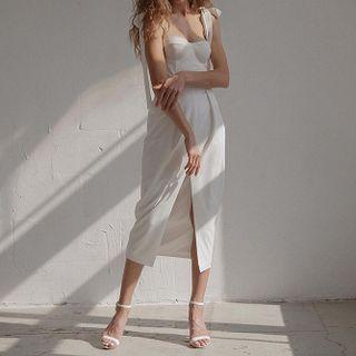 Slit Tie-shoulder Strappy Midi Bodycon Dress