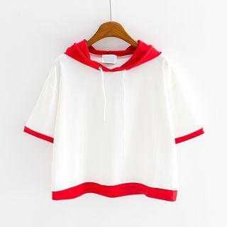 Color Block Hooded Short-sleeve T-shirt