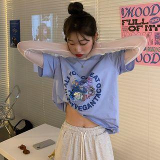 Short-sleeve Graphic Print T-shirt / Long-sleeve Mesh T-shirt