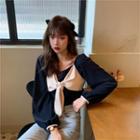 Long-sleeve Two-tone Bow-accent T-shirt