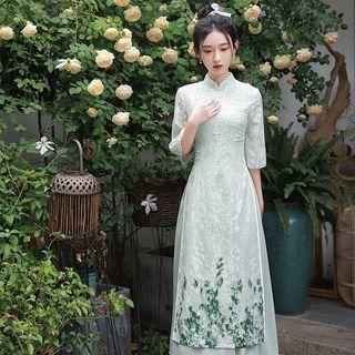 3/4-sleeve Print Maxi A-line Qipao Dress