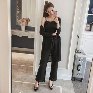 Set: Knit Camisole + Knit Wide Leg Pants + Open-front Cardigan