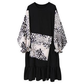 Leopard Long-sleeve Panel A-line Dress Black - One Size
