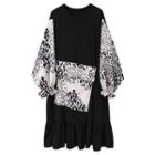 Leopard Long-sleeve Panel A-line Dress Black - One Size