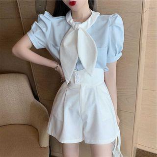 Short-sleeve Tie-neck Blouse / High-waist Shorts / Set