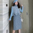 Knit Vest / Long-sleeve Top / Patterned Midi Skirt