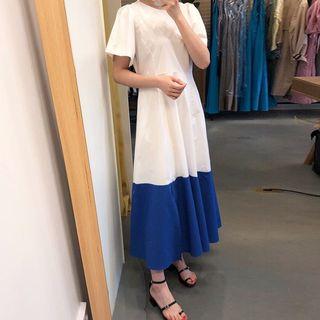 Two-tone Open Back Short-sleeve Midi A-line Dress