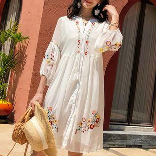 Flower Embroidered 3/4-sleeve A-line Chiffon Dress