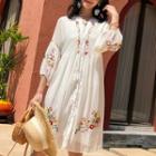 Flower Embroidered 3/4-sleeve A-line Chiffon Dress
