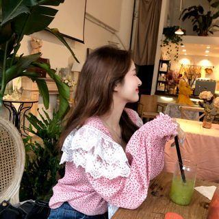 Flower Print Lace Trim Blouse Pink - One Size