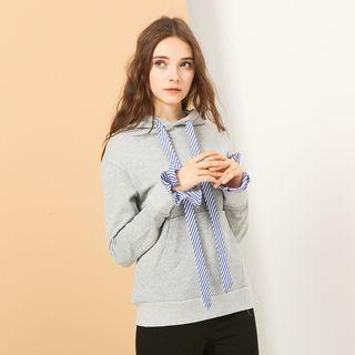 Long Sleeve Striped Panel Hooded Plain Sweatshirt