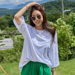 Elbow-sleeve Paint-splattered T-shirt