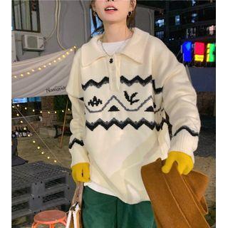 Zigzag Pattern Polo Sweater White - One Size